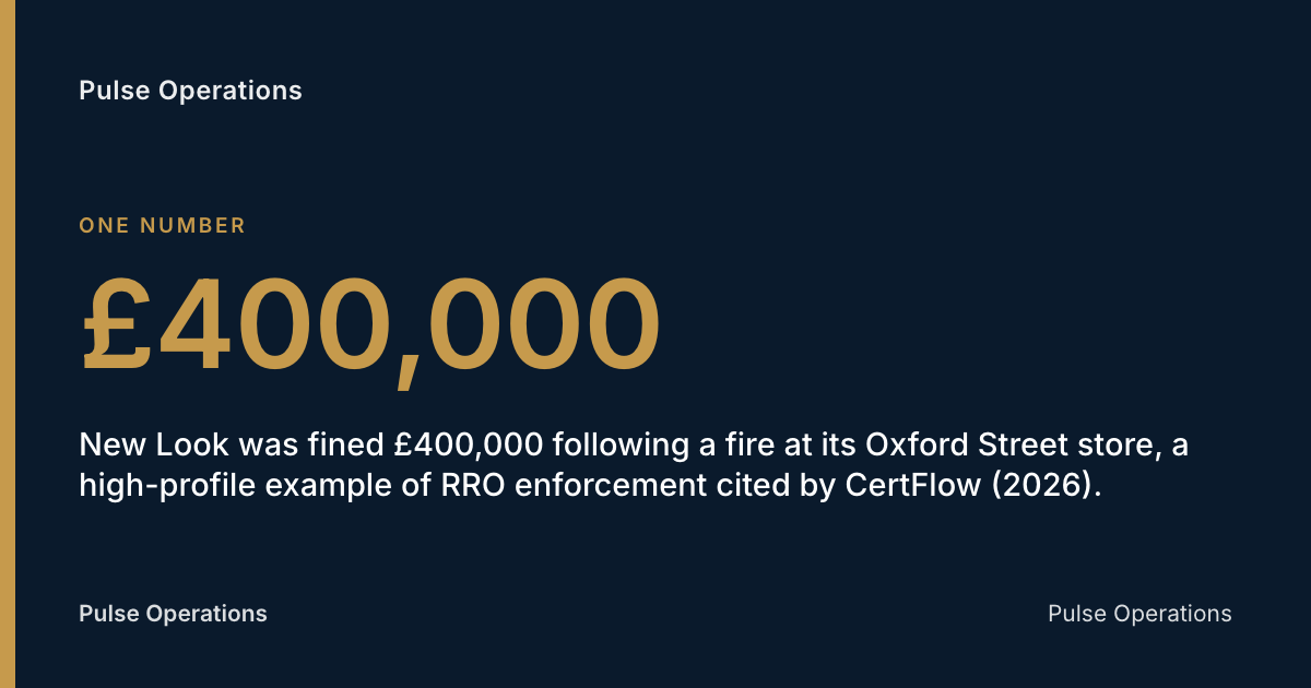 £400,000: New Look was fined £400,000 following a fire at its Oxford Street store, a high-profile example of RRO enforcement cited by CertFlow (2026).