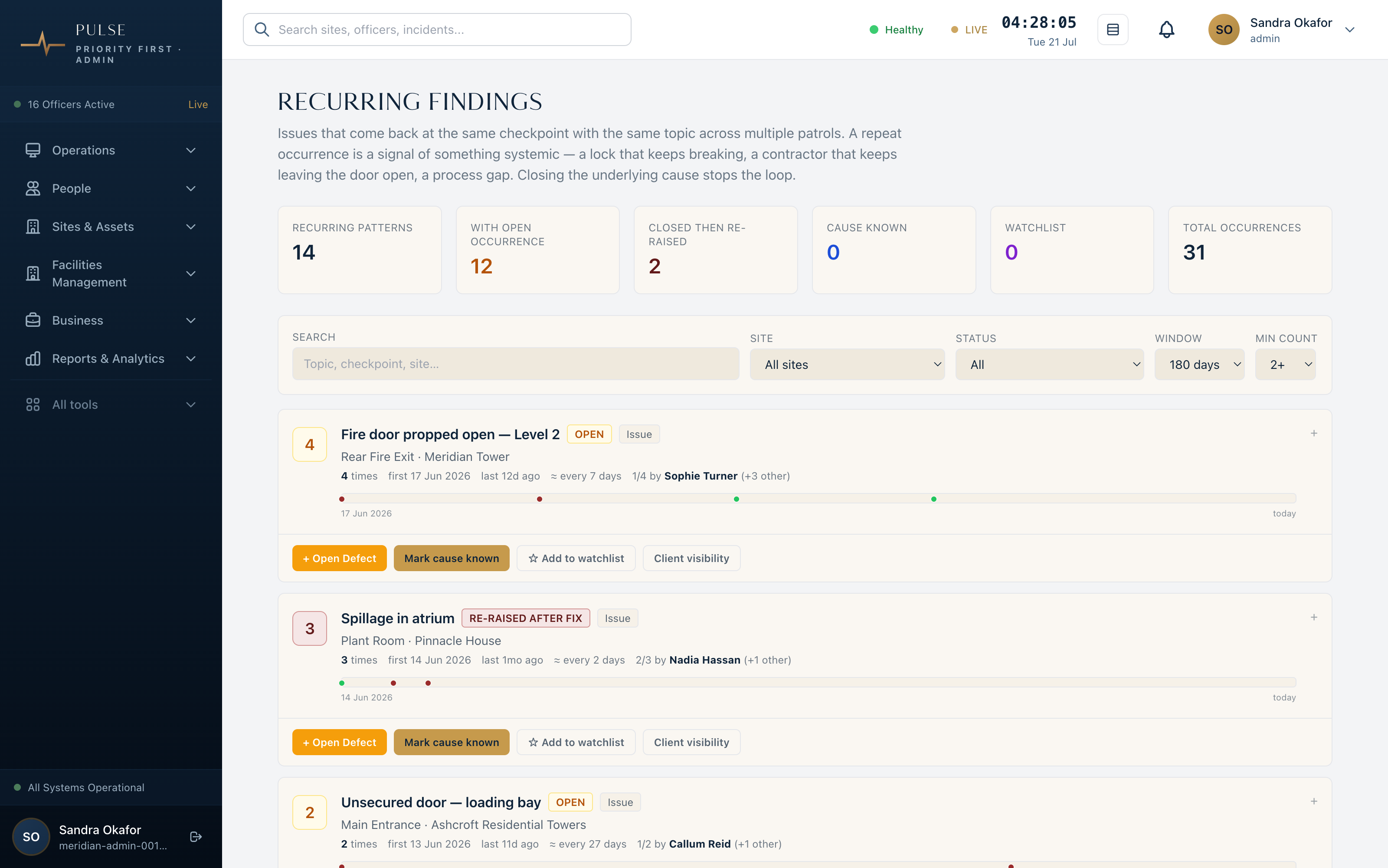 Pulse recurring findings: repeated issues grouped into patterns with occurrence timelines