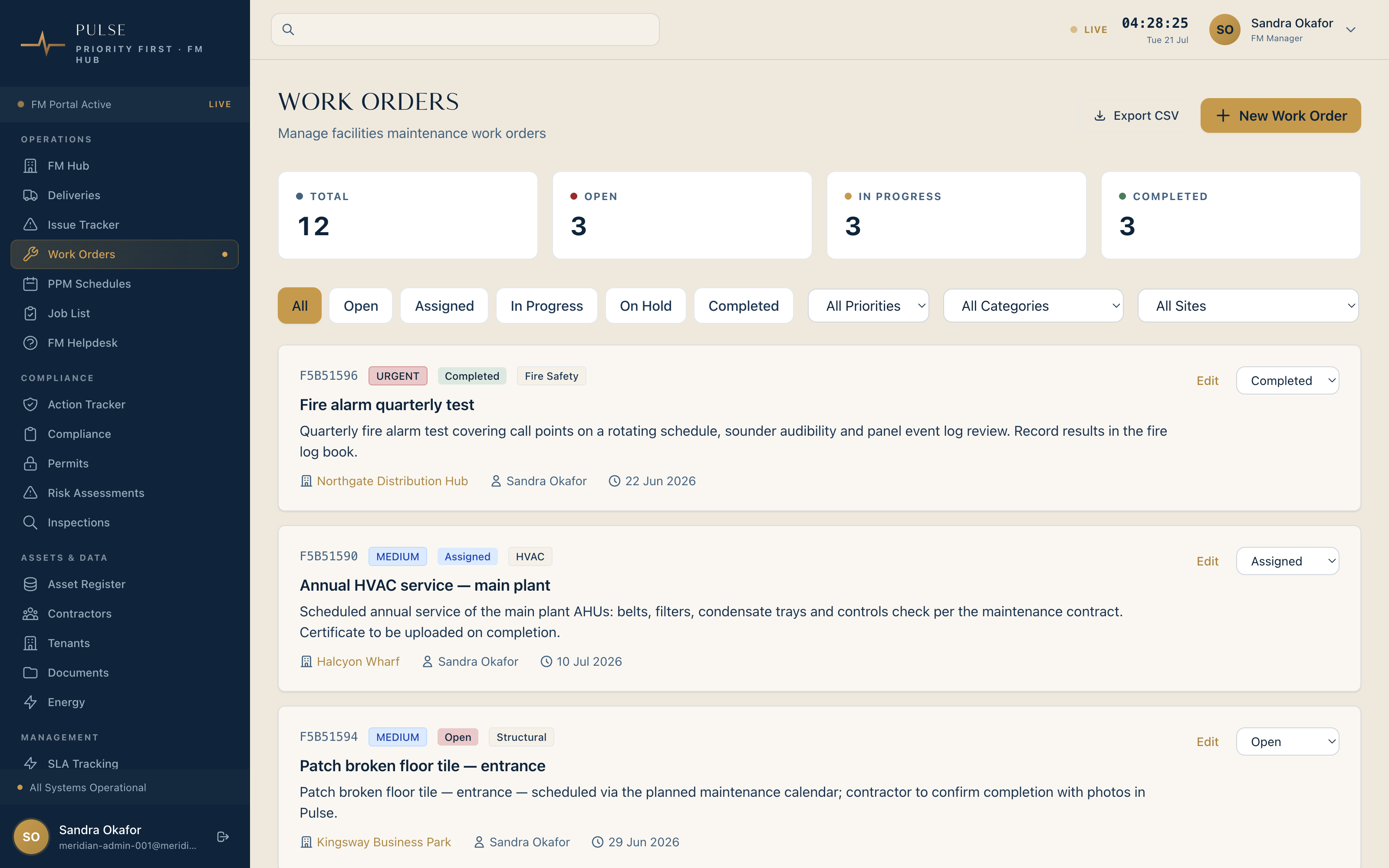 Pulse work orders: raise, assign a contractor, track to SLA, close with proof